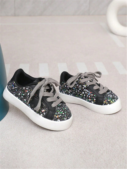Girls' Glitter Star Casual Skate Shoes, Toddler Sequin Lace-Up Sneakers, Soft Sole Anti-Slip, Suitable For Daily Wear And Party Outfits