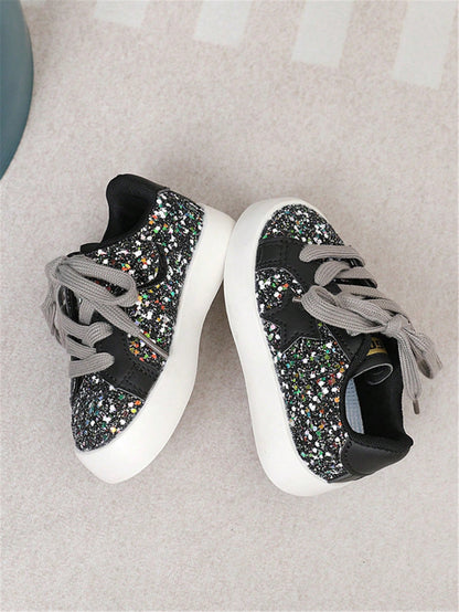 Girls' Glitter Star Casual Skate Shoes, Toddler Sequin Lace-Up Sneakers, Soft Sole Anti-Slip, Suitable For Daily Wear And Party Outfits