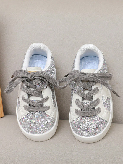 Girls' Glitter Star Casual Skate Shoes, Toddler Sequin Lace-Up Sneakers, Soft Sole Anti-Slip, Suitable For Daily Wear And Party Outfits