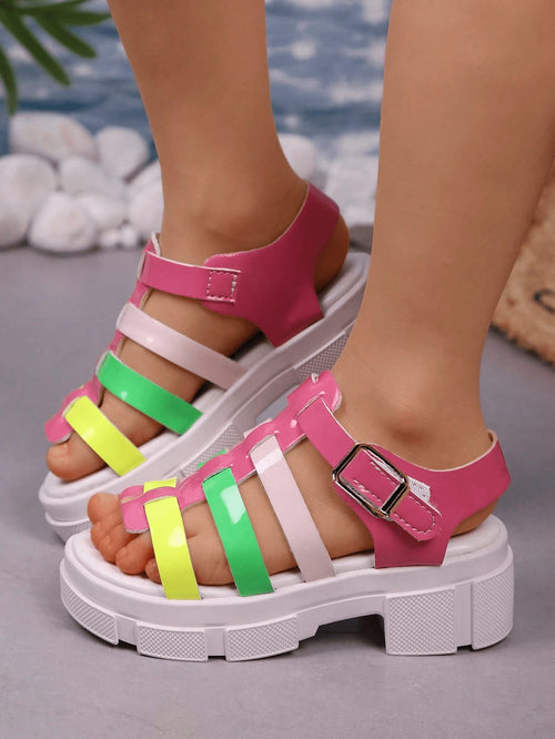 Girls' Neon Multicolor Gladiator Platform Sandals, Kids' Chunky Sole Open-Toe Shoes With Adjustable Buckle, Breathable Glossy Footwear