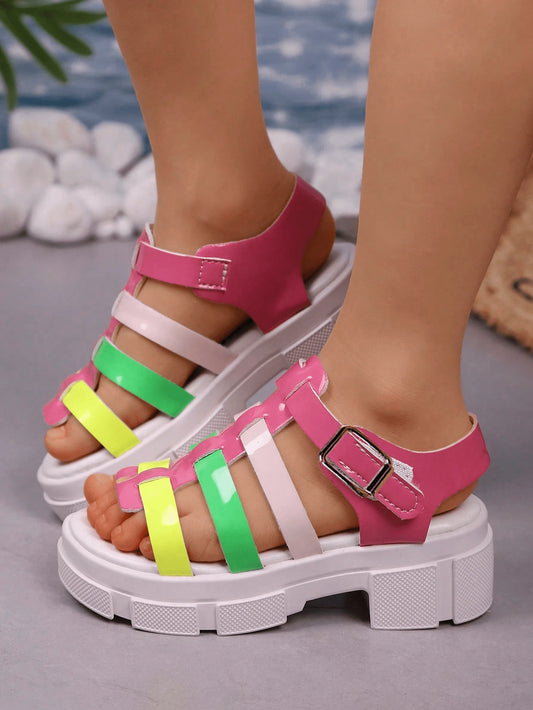 Girls' Neon Multicolor Gladiator Platform Sandals, Kids' Chunky Sole Open-Toe Shoes With Adjustable Buckle, Breathable Glossy Footwear