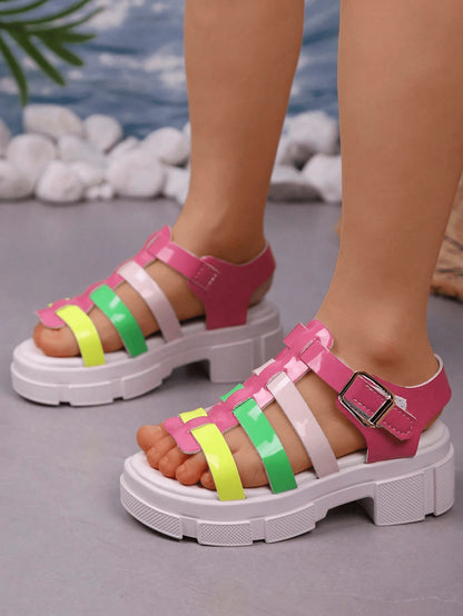 Girls' Neon Multicolor Gladiator Platform Sandals, Kids' Chunky Sole Open-Toe Shoes With Adjustable Buckle, Breathable Glossy Footwear