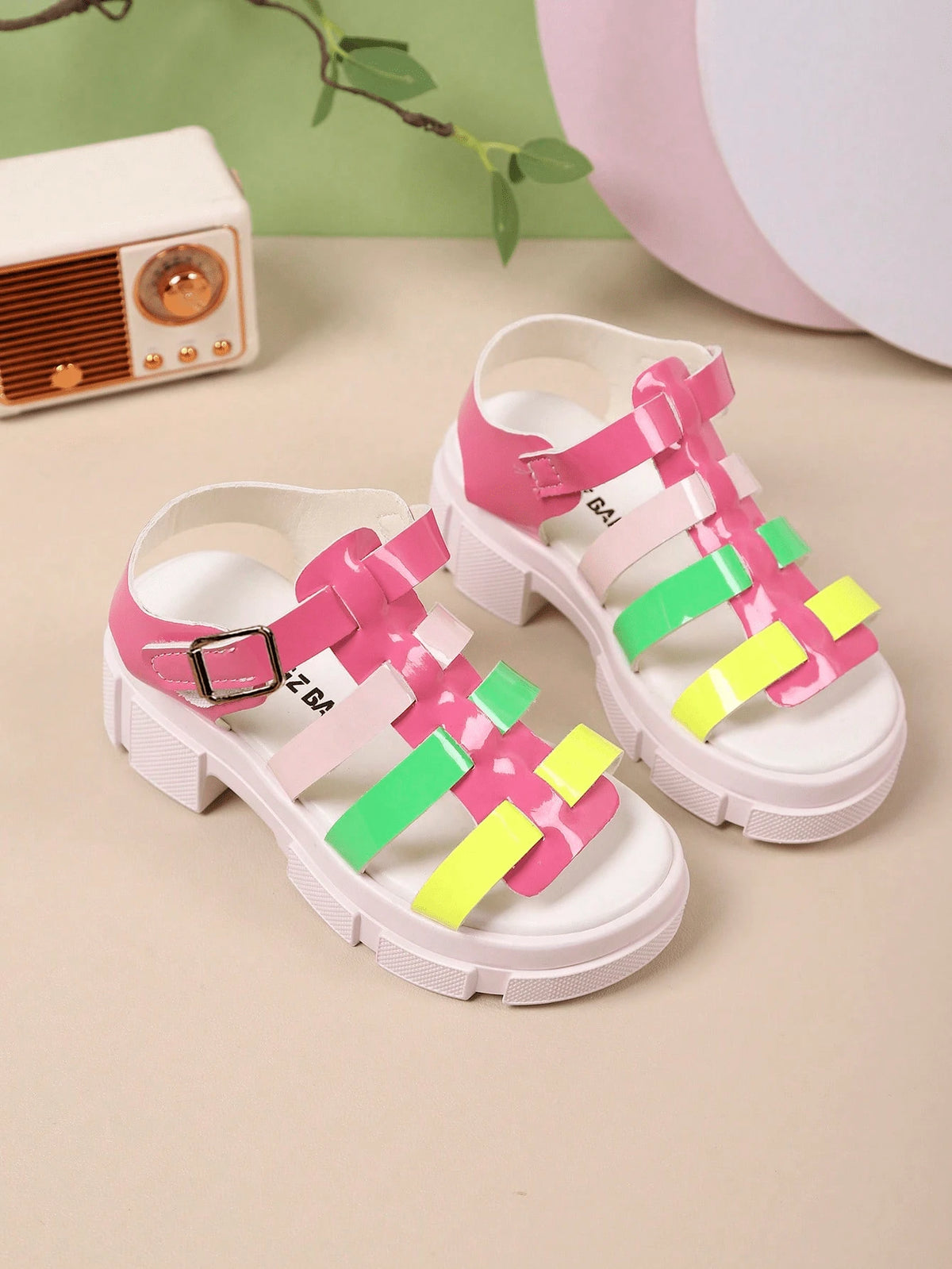 Girls' Neon Multicolor Gladiator Platform Sandals, Kids' Chunky Sole Open-Toe Shoes With Adjustable Buckle, Breathable Glossy Footwear