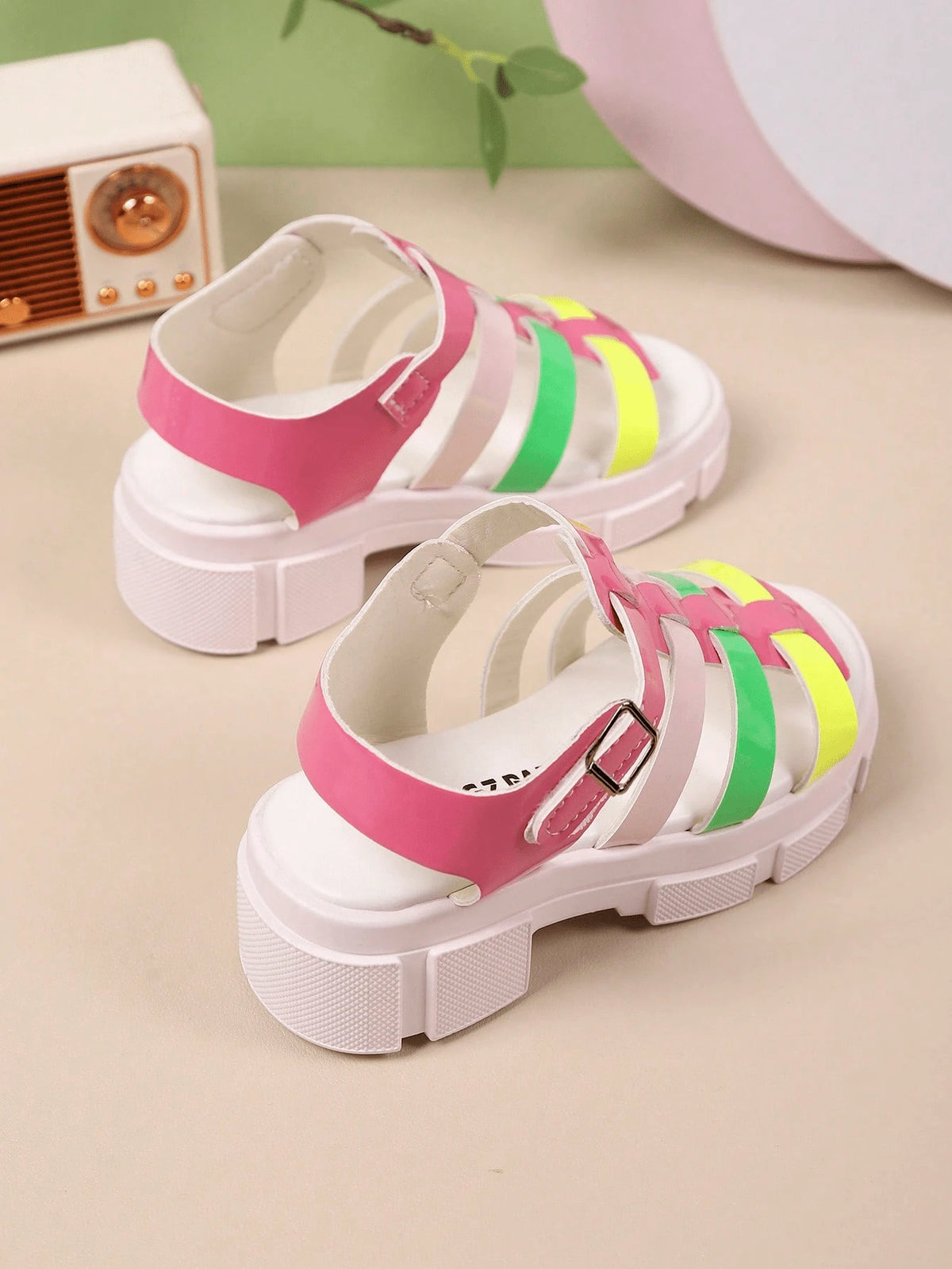 Girls' Neon Multicolor Gladiator Platform Sandals, Kids' Chunky Sole Open-Toe Shoes With Adjustable Buckle, Breathable Glossy Footwear