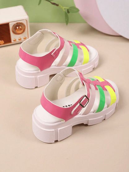 Girls' Neon Multicolor Gladiator Platform Sandals, Kids' Chunky Sole Open-Toe Shoes With Adjustable Buckle, Breathable Glossy Footwear
