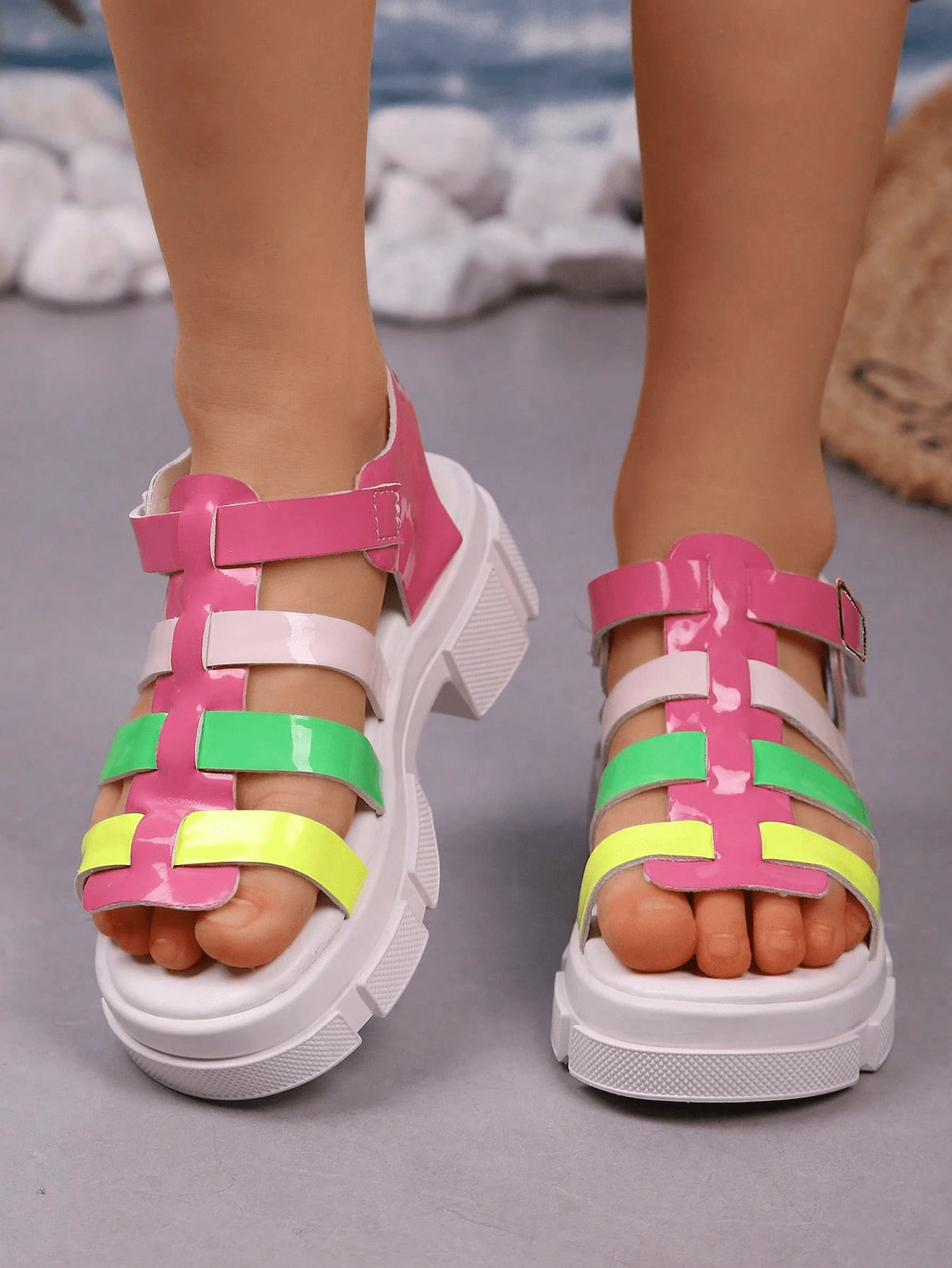 Girls' Neon Multicolor Gladiator Platform Sandals, Kids' Chunky Sole Open-Toe Shoes With Adjustable Buckle, Breathable Glossy Footwear