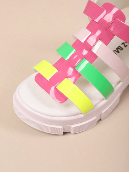Girls' Neon Multicolor Gladiator Platform Sandals, Kids' Chunky Sole Open-Toe Shoes With Adjustable Buckle, Breathable Glossy Footwear