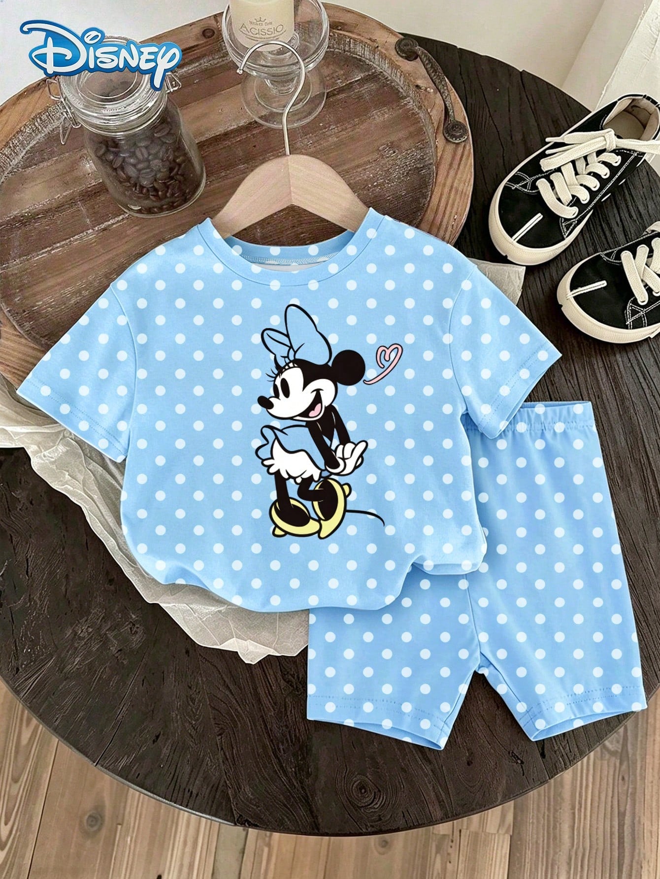Girls T-Shirt Set, Summer Baby Girls Clothes, Disney New Retro Style, Loose Drop Shoulder Round Neck Blue Polka Dot Minnie Mouse Short Sleeve + Polka Dot Shorts, Casual Daily Outing, Vacation, Party