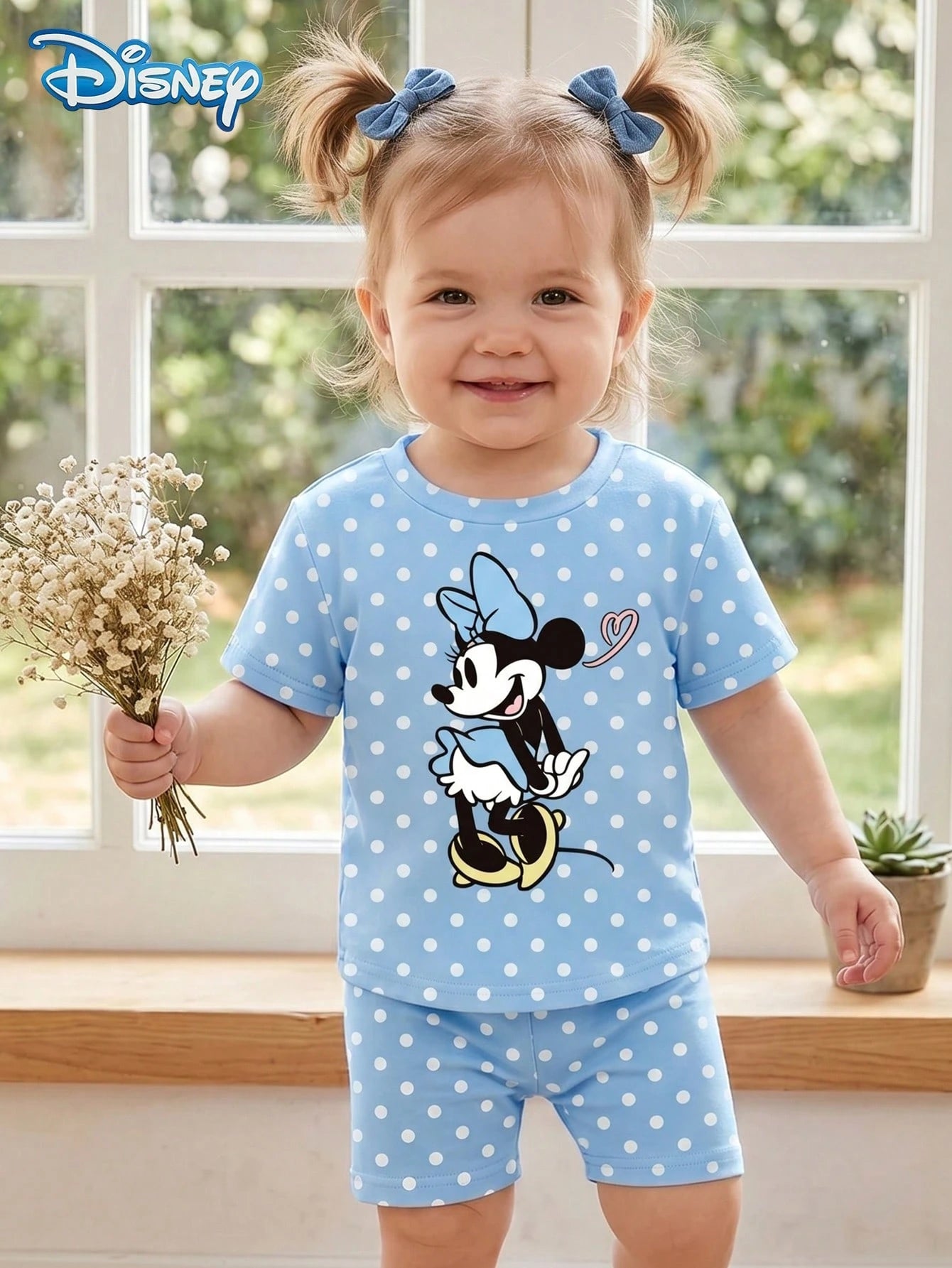 Girls T-Shirt Set, Summer Baby Girls Clothes, Disney New Retro Style, Loose Drop Shoulder Round Neck Blue Polka Dot Minnie Mouse Short Sleeve + Polka Dot Shorts, Casual Daily Outing, Vacation, Party