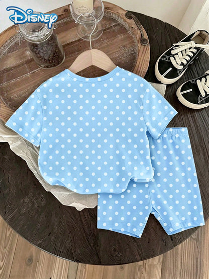 Girls T-Shirt Set, Summer Baby Girls Clothes, Disney New Retro Style, Loose Drop Shoulder Round Neck Blue Polka Dot Minnie Mouse Short Sleeve + Polka Dot Shorts, Casual Daily Outing, Vacation, Party
