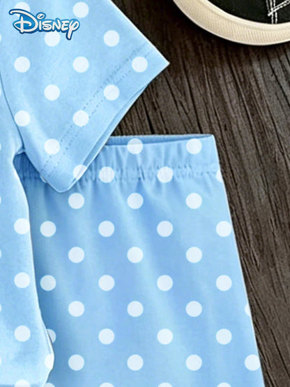 Girls T-Shirt Set, Summer Baby Girls Clothes, Disney New Retro Style, Loose Drop Shoulder Round Neck Blue Polka Dot Minnie Mouse Short Sleeve + Polka Dot Shorts, Casual Daily Outing, Vacation, Party