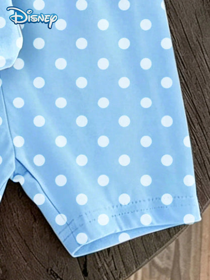 Girls T-Shirt Set, Summer Baby Girls Clothes, Disney New Retro Style, Loose Drop Shoulder Round Neck Blue Polka Dot Minnie Mouse Short Sleeve + Polka Dot Shorts, Casual Daily Outing, Vacation, Party