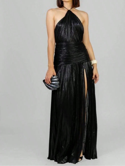 Glam Shiny Plisse Metallic Gown Halter Neck Ruched Waist High Split Formal Party Maxi Dress