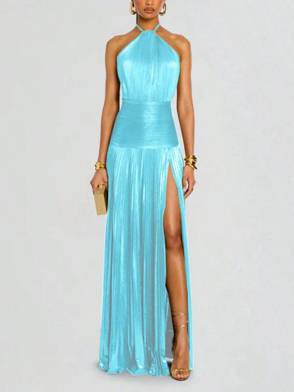 Glam Shiny Plisse Metallic Gown Halter Neck Ruched Waist High Split Formal Party Maxi Dress