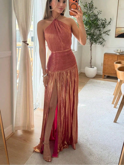 Glam Shiny Plisse Metallic Gown Halter Neck Ruched Waist High Split Formal Party Maxi Dress
