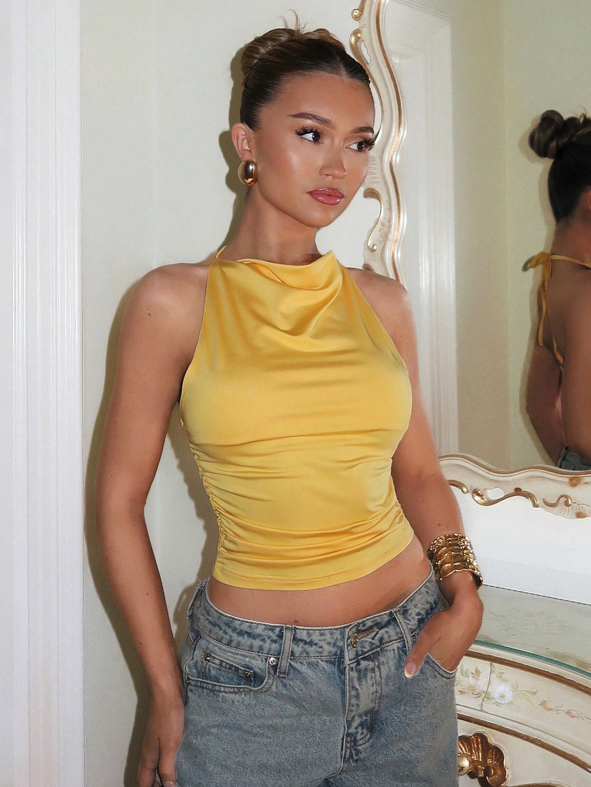 Glamine 1pc Women's Solid Color Ruched Halter Backless Camisole Fall Women Clothes Back To School