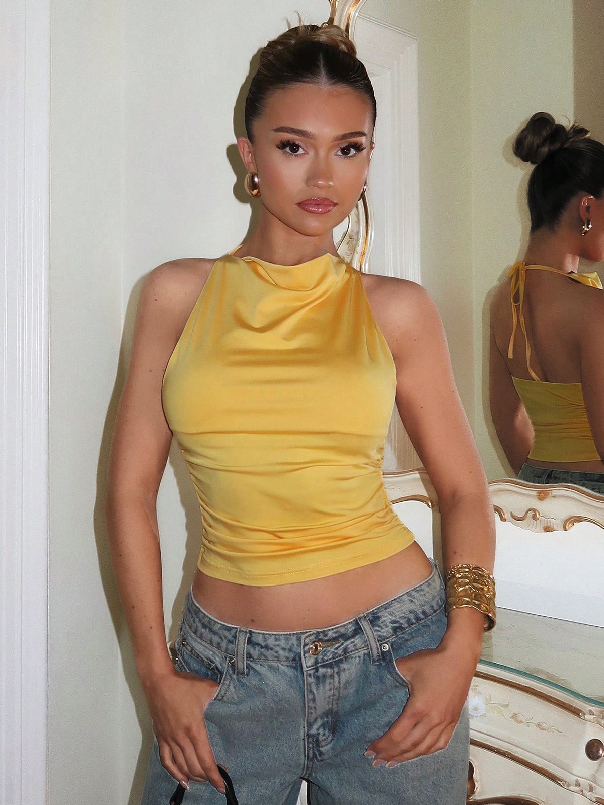 Glamine 1pc Women's Solid Color Ruched Halter Backless Camisole Fall Women Clothes Back To School