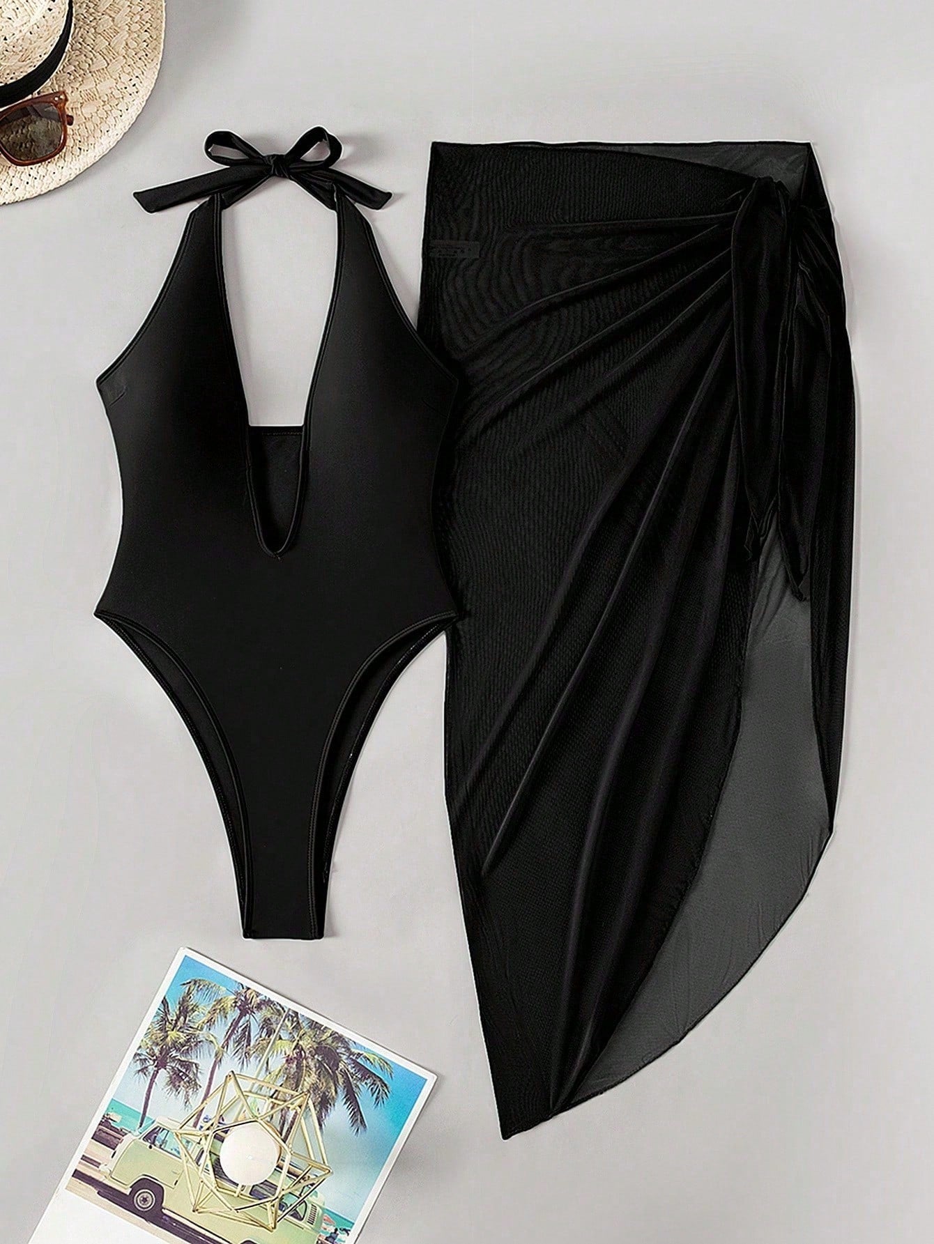 Glamine 2pcs/Set Black High Cut Backless Halter Tie Monokini Swimsuit, With Sheer Wrap Skirt, Suitable For Beach Holiday, Resort Leisure, Summer Holiday