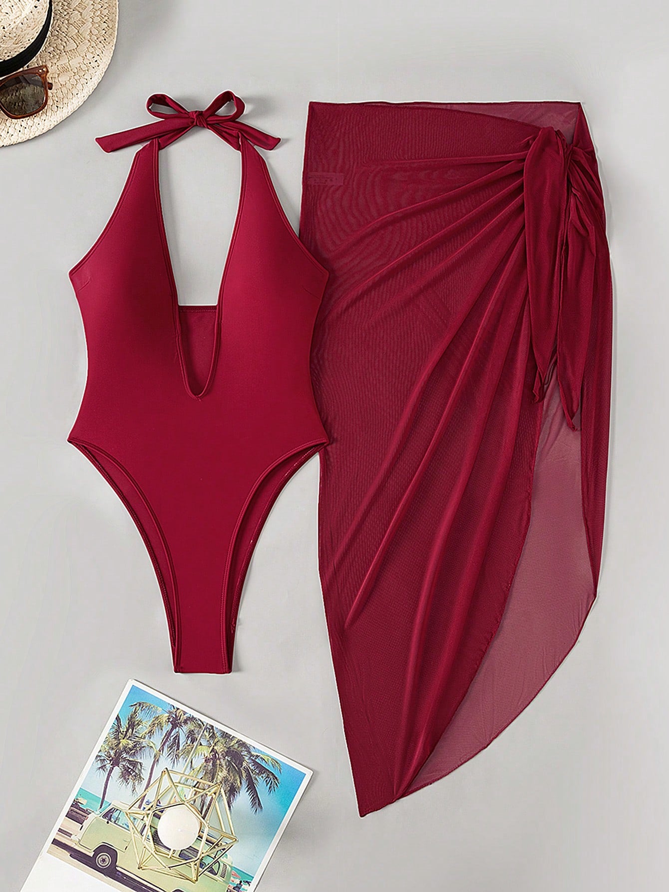 Glamine 2pcs/Set Black High Cut Backless Halter Tie Monokini Swimsuit, With Sheer Wrap Skirt, Suitable For Beach Holiday, Resort Leisure, Summer Holiday