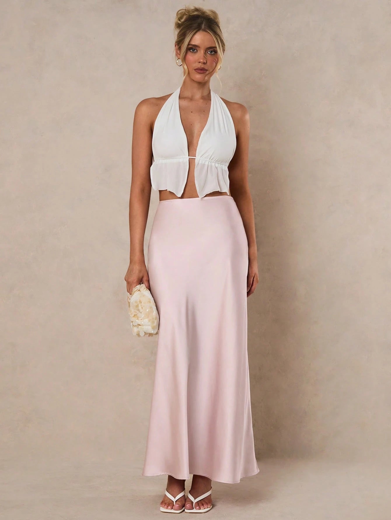 Glamine Women Light Pink Elegant Satin High Waist Mermaid Hem Maxi Skirt,Summer Party Fashion Birthday Clothing,Solid Color Mermaid Skirts For Women