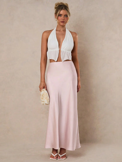 Glamine Women Light Pink Elegant Satin High Waist Mermaid Hem Maxi Skirt,Summer Party Fashion Birthday Clothing,Solid Color Mermaid Skirts For Women