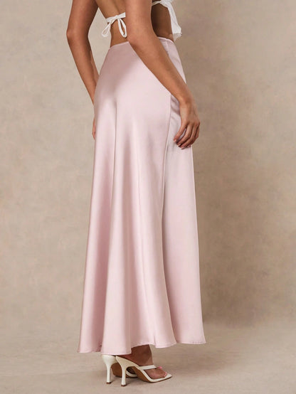 Glamine Women Light Pink Elegant Satin High Waist Mermaid Hem Maxi Skirt,Summer Party Fashion Birthday Clothing,Solid Color Mermaid Skirts For Women