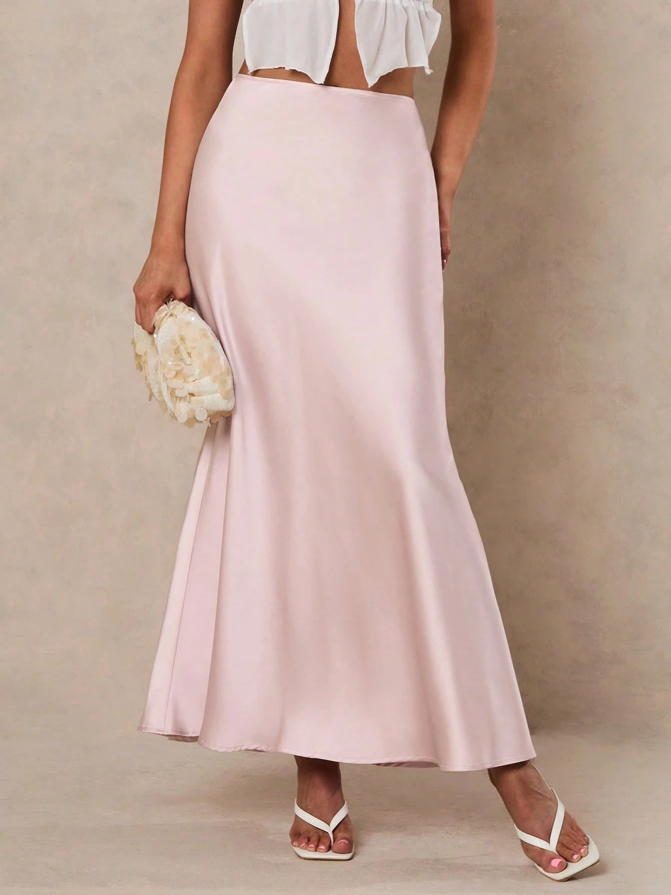 Glamine Women Light Pink Elegant Satin High Waist Mermaid Hem Maxi Skirt,Summer Party Fashion Birthday Clothing,Solid Color Mermaid Skirts For Women