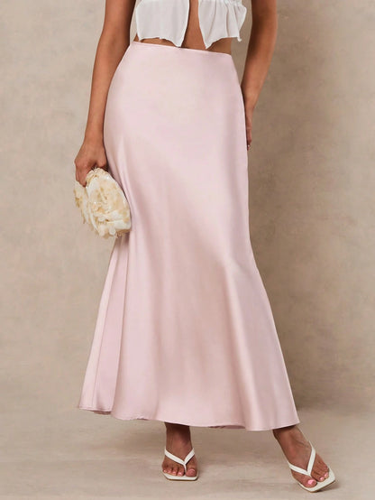 Glamine Women Light Pink Elegant Satin High Waist Mermaid Hem Maxi Skirt,Summer Party Fashion Birthday Clothing,Solid Color Mermaid Skirts For Women