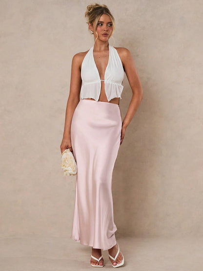 Glamine Women Light Pink Elegant Satin High Waist Mermaid Hem Maxi Skirt,Summer Party Fashion Birthday Clothing,Solid Color Mermaid Skirts For Women