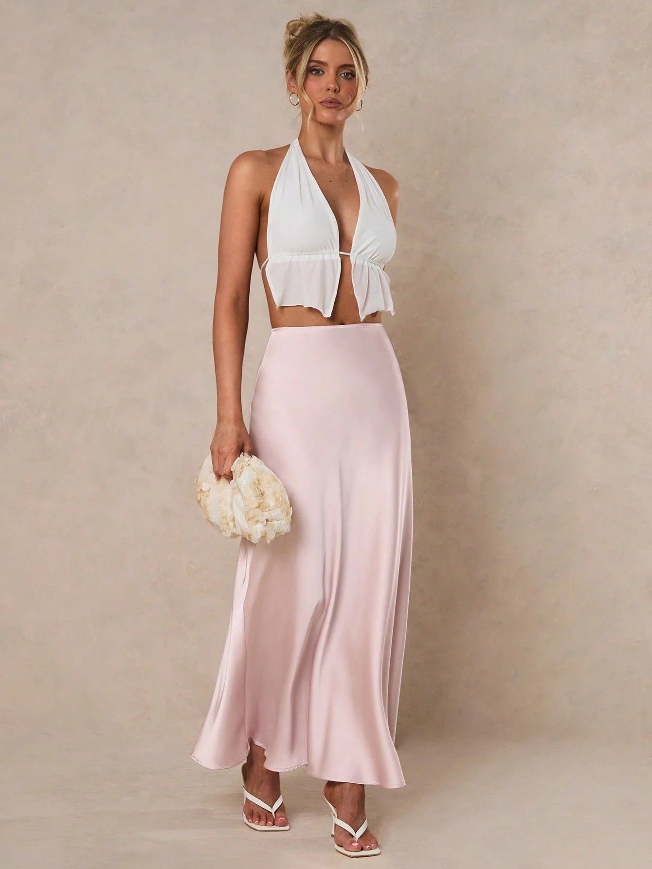 Glamine Women Light Pink Elegant Satin High Waist Mermaid Hem Maxi Skirt,Summer Party Fashion Birthday Clothing,Solid Color Mermaid Skirts For Women