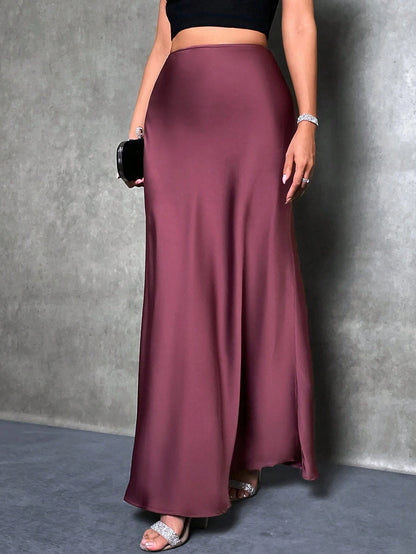 Glamine Women Light Pink Elegant Satin High Waist Mermaid Hem Maxi Skirt,Summer Party Fashion Birthday Clothing,Solid Color Mermaid Skirts For Women