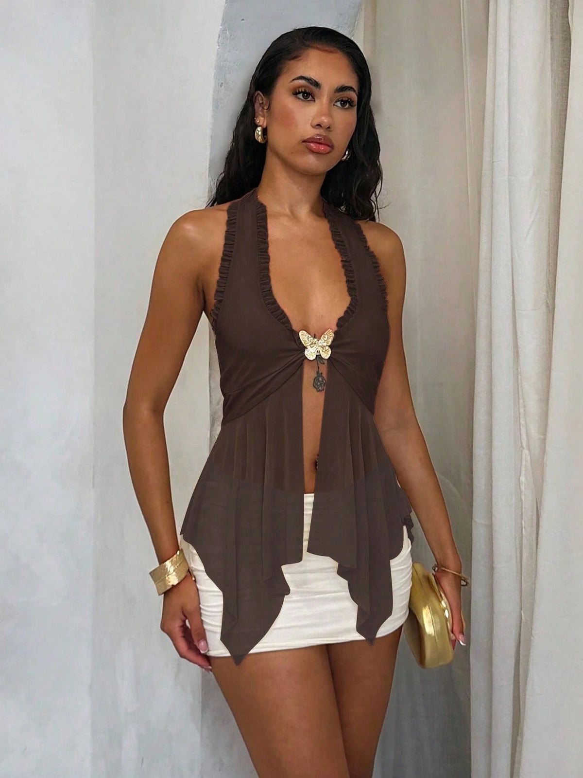 Glamine Women's Dark Brown Street Wear Y2k Mesh Tank Top,Summer Floral Halter Neck Tie Front Frill Trim Asymmetrical Hem Butterfly Decor Club Night