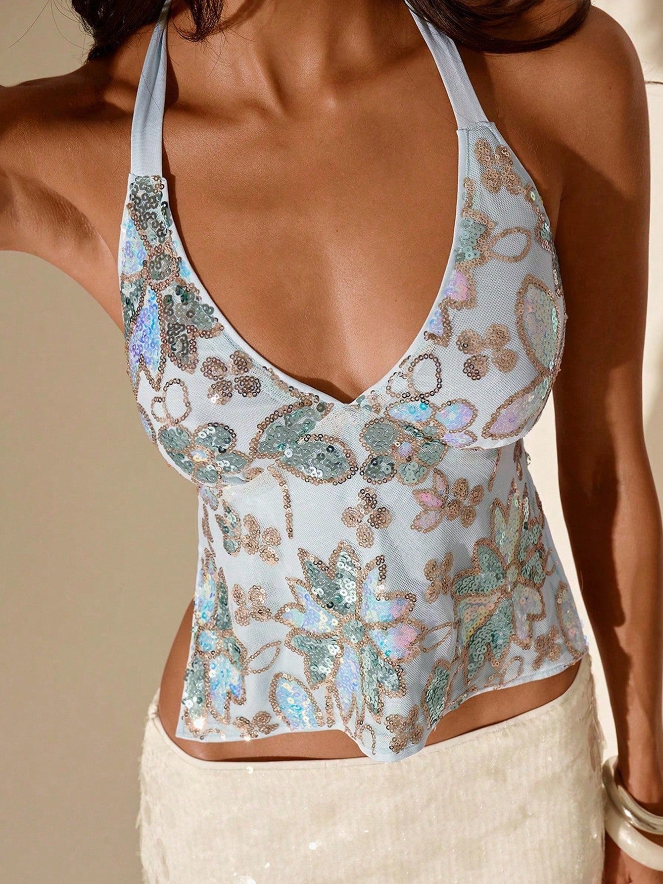 Glamine Women's Sequin Floral Print Halter Backless Versatile Blouse For Dates Party Club Music Festival Outings White Gold Summer