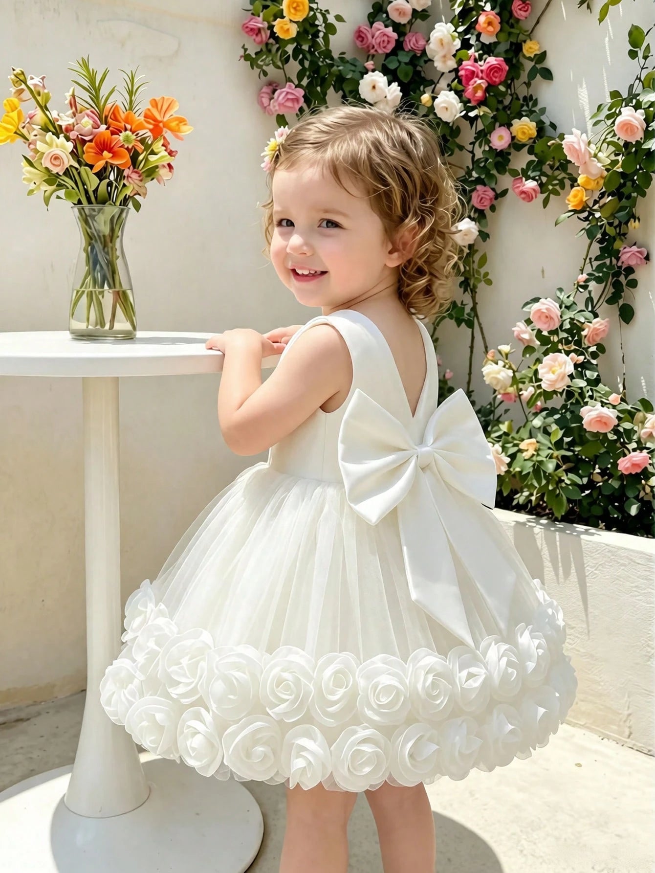 Glamorique Kids Baby Girl Off-White Tulle 3D Floral Dress, Birthday Flower Girl Party, Wedding, Princess, Summer, Warm, Outfit, Style, Yoga Elegant Preppy