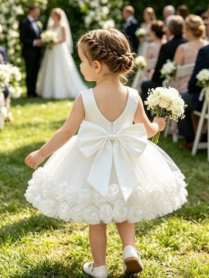 Glamorique Kids Baby Girl Off-White Tulle 3D Floral Dress, Birthday Flower Girl Party, Wedding, Princess, Summer, Warm, Outfit, Style, Yoga Elegant Preppy