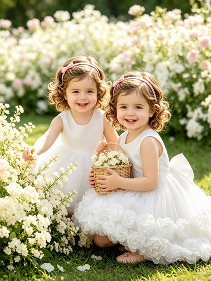 Glamorique Kids Baby Girl Off-White Tulle 3D Floral Dress, Birthday Flower Girl Party, Wedding, Princess, Summer, Warm, Outfit, Style, Yoga Elegant Preppy