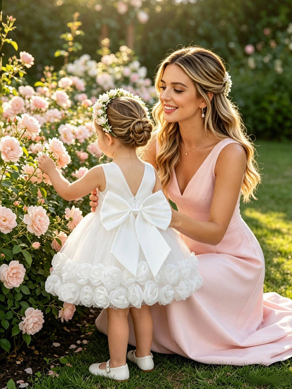 Glamorique Kids Baby Girl Off-White Tulle 3D Floral Dress, Birthday Flower Girl Party, Wedding, Princess, Summer, Warm, Outfit, Style, Yoga Elegant Preppy