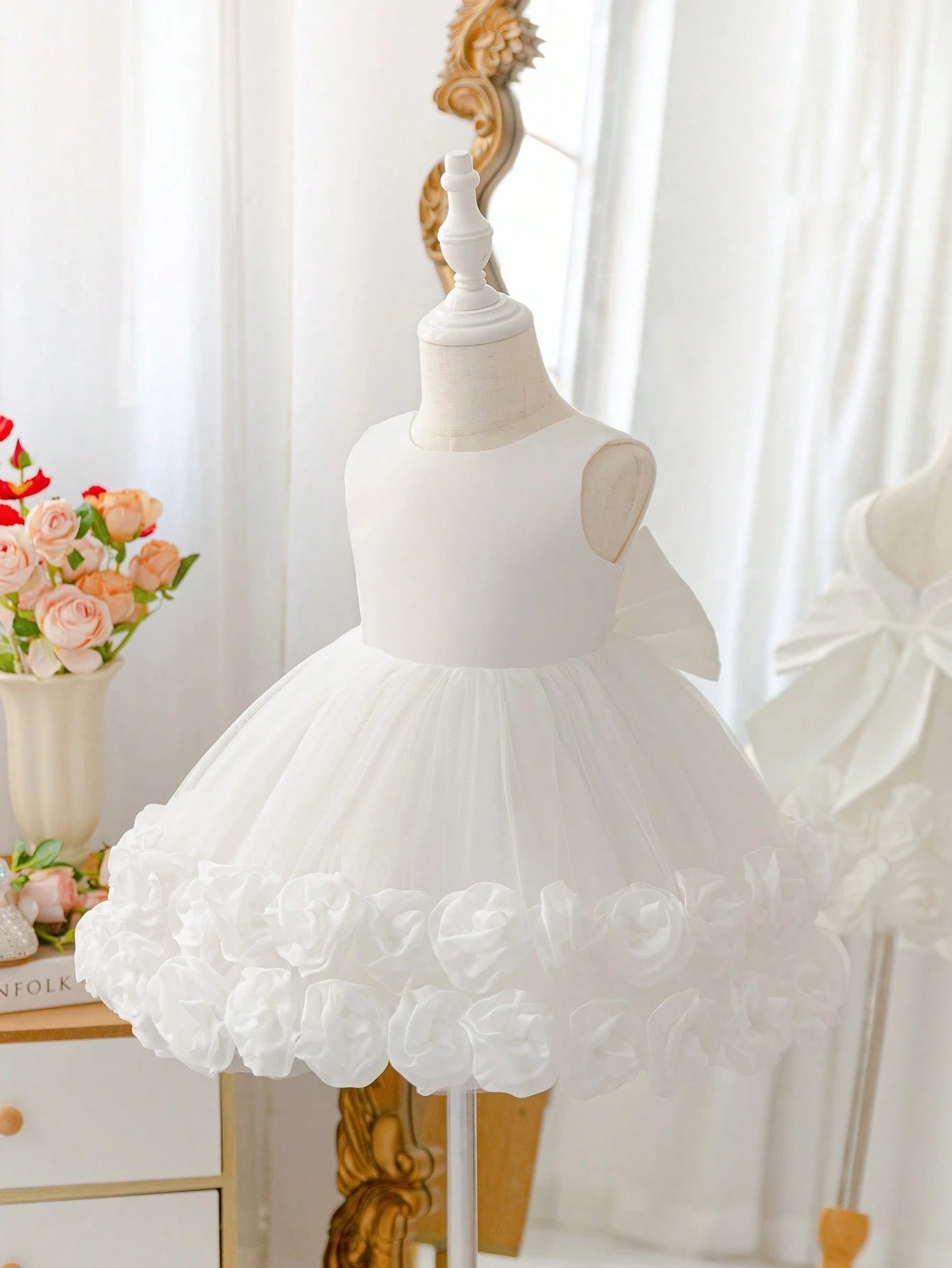 Glamorique Kids Baby Girl Off-White Tulle 3D Floral Dress, Birthday Flower Girl Party, Wedding, Princess, Summer, Warm, Outfit, Style, Yoga Elegant Preppy