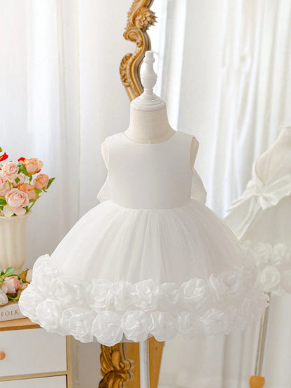 Glamorique Kids Baby Girl Off-White Tulle 3D Floral Dress, Birthday Flower Girl Party, Wedding, Princess, Summer, Warm, Outfit, Style, Yoga Elegant Preppy
