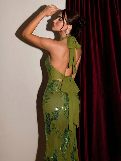 Glamour Women's Long Sequin Halter Dress, Shiny Mermaid Evening Gown, Formal Party Maxi Dress,Wedding Guest Dress, Prom Dress, Olive Green Summer Sexy Elegant