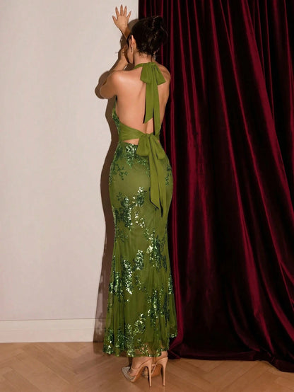 Glamour Women's Long Sequin Halter Dress, Shiny Mermaid Evening Gown, Formal Party Maxi Dress,Wedding Guest Dress, Prom Dress, Olive Green Summer Sexy Elegant