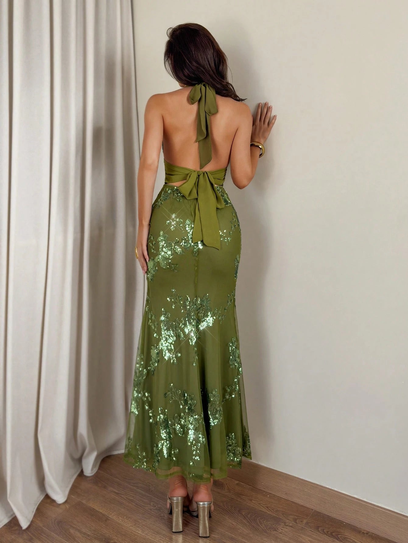 Glamour Women's Long Sequin Halter Dress, Shiny Mermaid Evening Gown, Formal Party Maxi Dress,Wedding Guest Dress, Prom Dress, Olive Green Summer Sexy Elegant