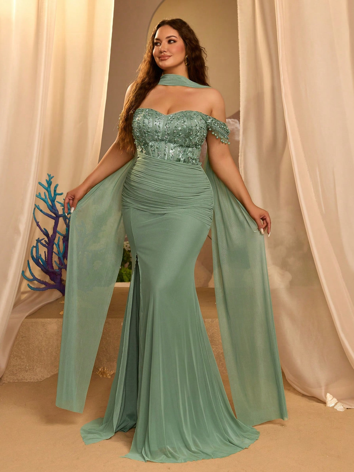 Glamrae Plus Size Elegant Luxurious Off-Shoulder Pearl Rhinestone Patchwork Elastic Korean Mesh Waist Boning Ruched Slit Mermaid Dress With Halter Neck For