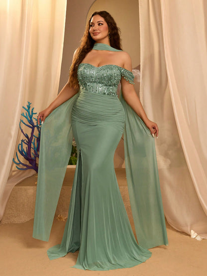 Glamrae Plus Size Elegant Luxurious Off-Shoulder Pearl Rhinestone Patchwork Elastic Korean Mesh Waist Boning Ruched Slit Mermaid Dress With Halter Neck For