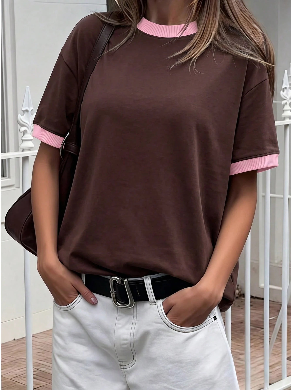 GLAMSKIN Women's Summer/Autumn Basic Striped Round Neck Loose Short Sleeve T-Shirt, Solid Color Minimalist Casual Top, Suitable For Back To School, Outings, Streetwear, Work Commute