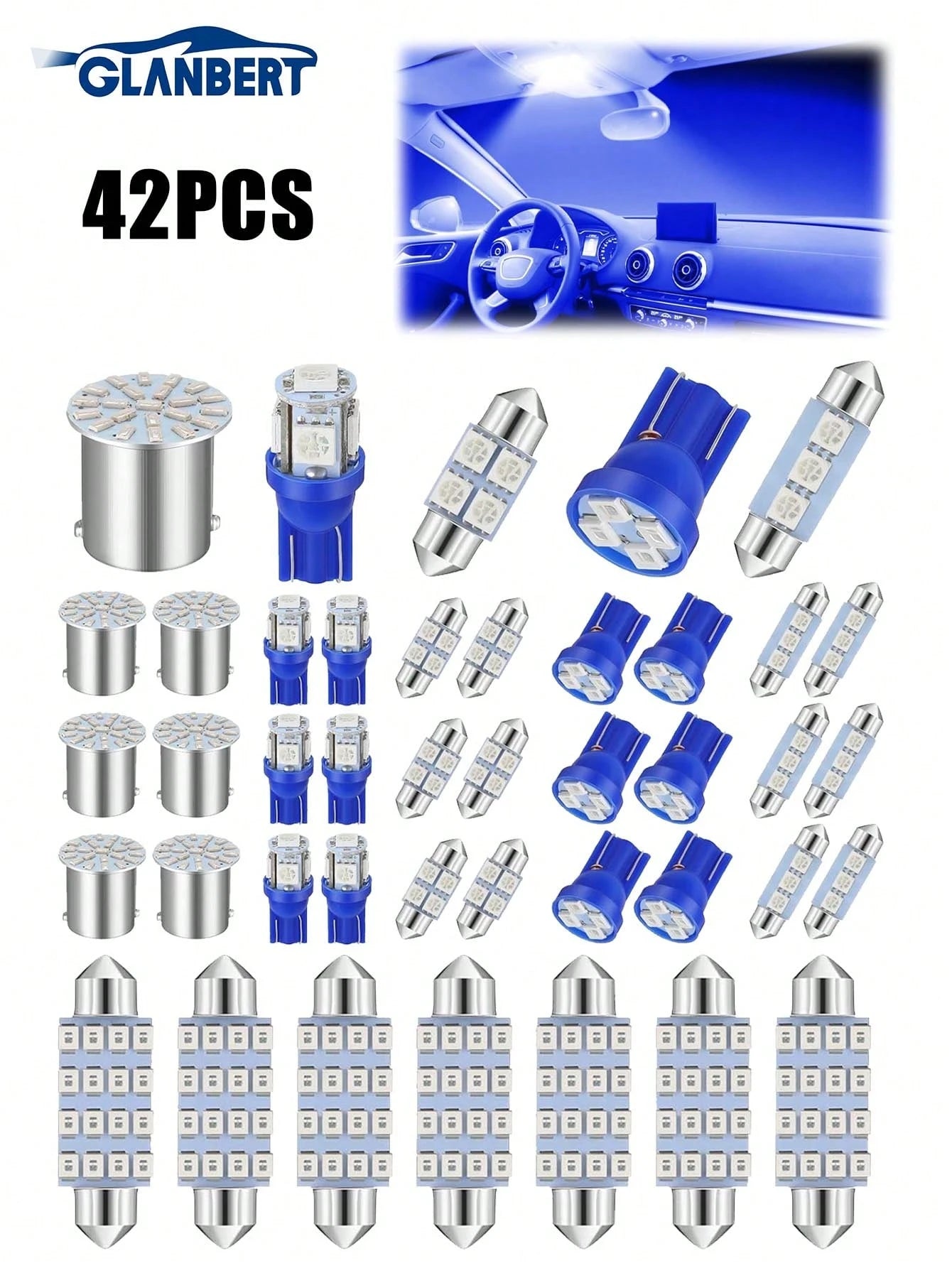 GLANBERT 42/24pcs LED Roof Light Bulb Set, LED Double Tip Bulbs, Suitable For Interior Dome Light, Map Light, Dashboard Light, Trunk Light, Cargo Door Light, Welcome Light, License Plate Light, Etc. (