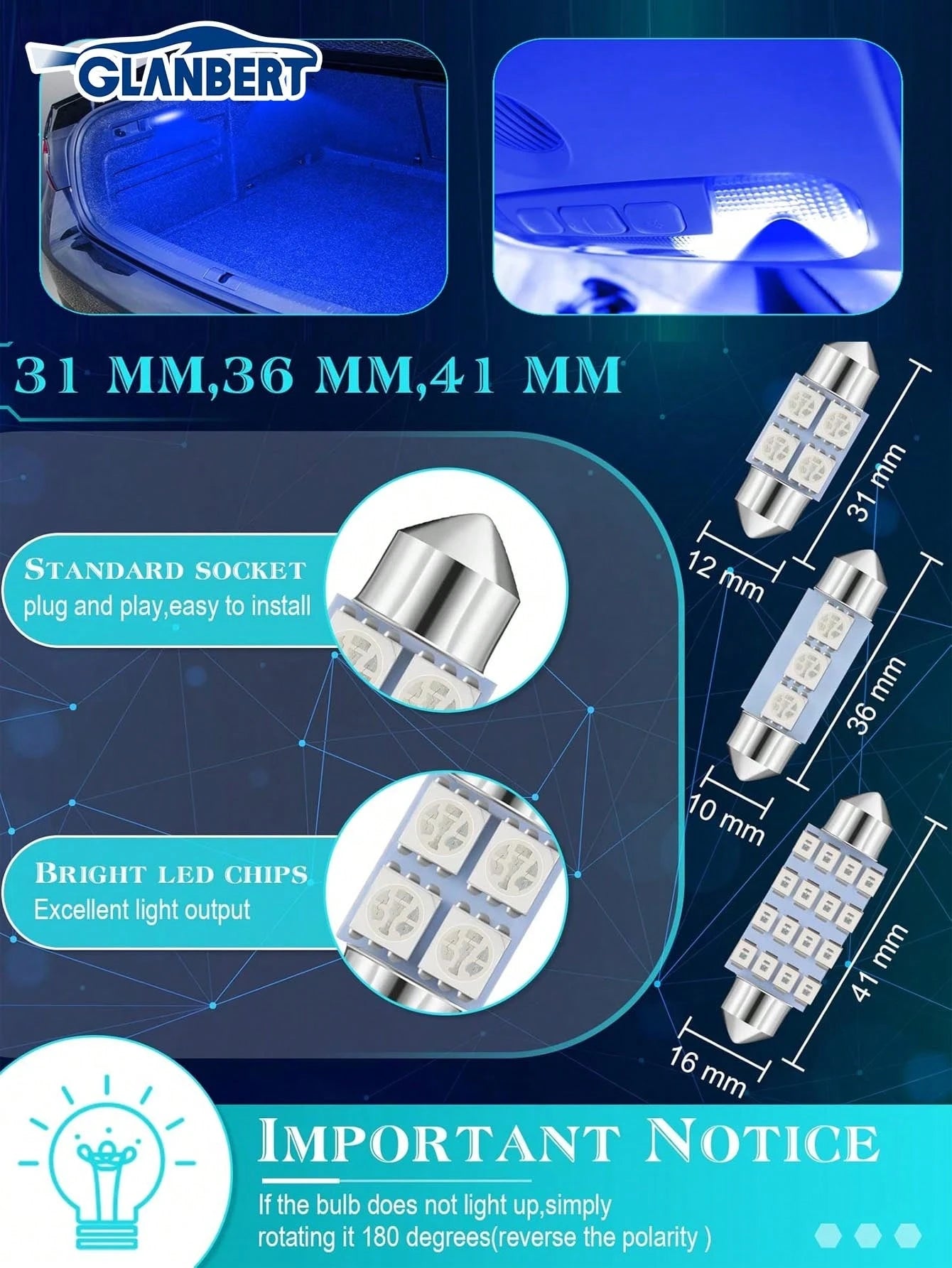 GLANBERT 42/24pcs LED Roof Light Bulb Set, LED Double Tip Bulbs, Suitable For Interior Dome Light, Map Light, Dashboard Light, Trunk Light, Cargo Door Light, Welcome Light, License Plate Light, Etc. (