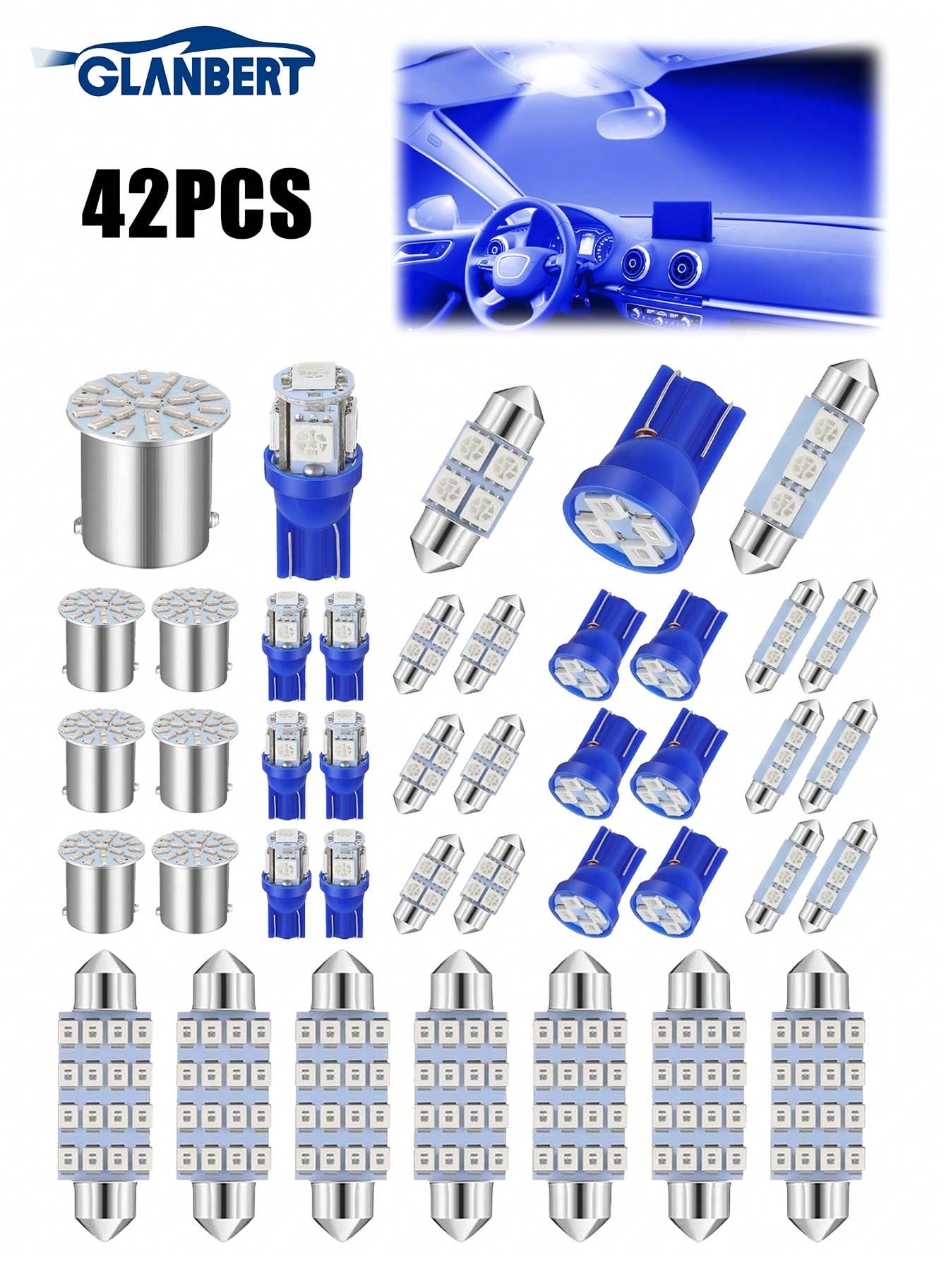 GLANBERT 42/24pcs LED Roof Light Bulb Set, LED Double Tip Bulbs, Suitable For Interior Dome Light, Map Light, Dashboard Light, Trunk Light, Cargo Door Light, Welcome Light, License Plate Light, Etc. (