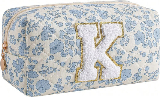 Gleyemor Personalized Initial Makeup Bag For Women, Cute Quilted Blue Floral Cotton Cosmetic Bag, Christmas Gifts For Her Mom Friend Sister Bridesmaid Teacher Women K
