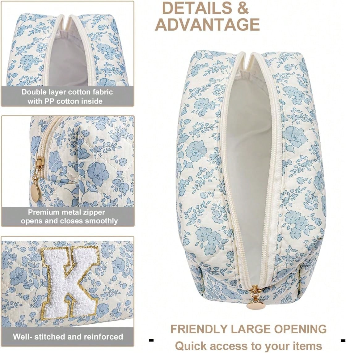 Gleyemor Personalized Initial Makeup Bag For Women, Cute Quilted Blue Floral Cotton Cosmetic Bag, Christmas Gifts For Her Mom Friend Sister Bridesmaid Teacher Women K